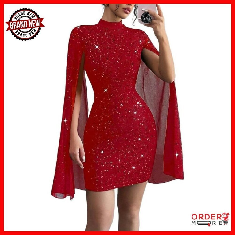Glitter Mini Dress Mock Neck Cape Sleeve Cocktail Party Evening